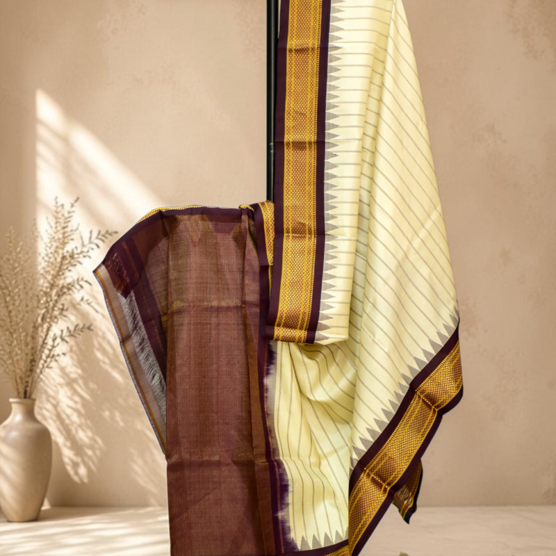 Off White & Black Pure Handloom Silk Dupatta - view 2