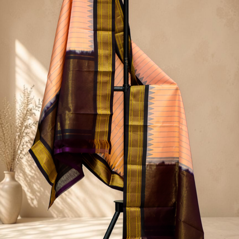 Peach & Wine Dual Shade Pure Handloom Gadwal Dupatta - view 8