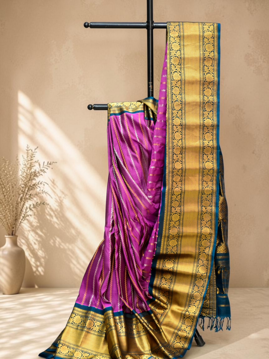 Magenta Blue Pure Gadwal Silk Saree