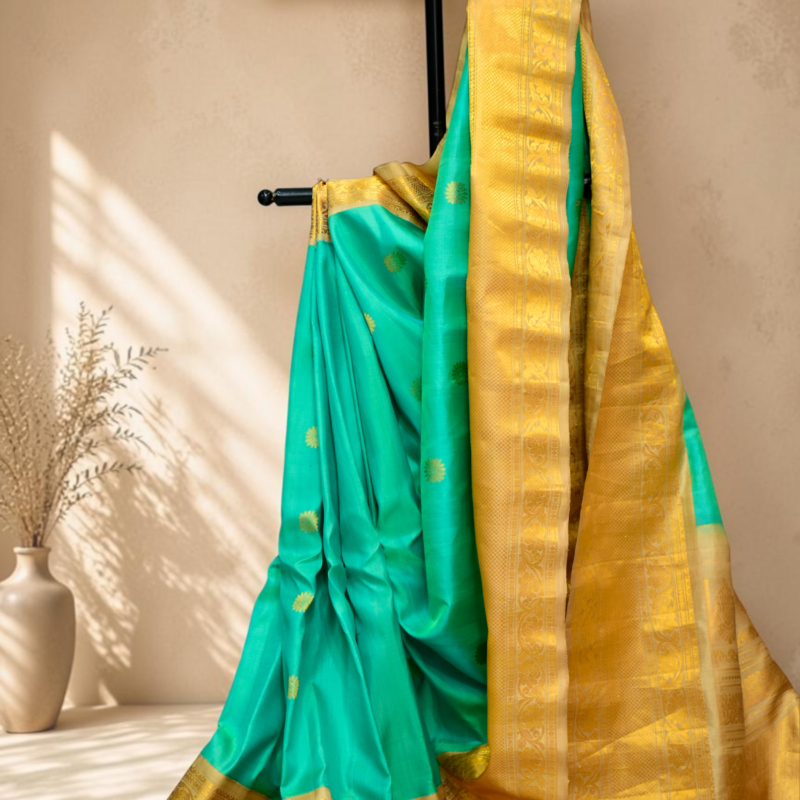 Sea Green Gold Pure Gadwal Pattu Saree