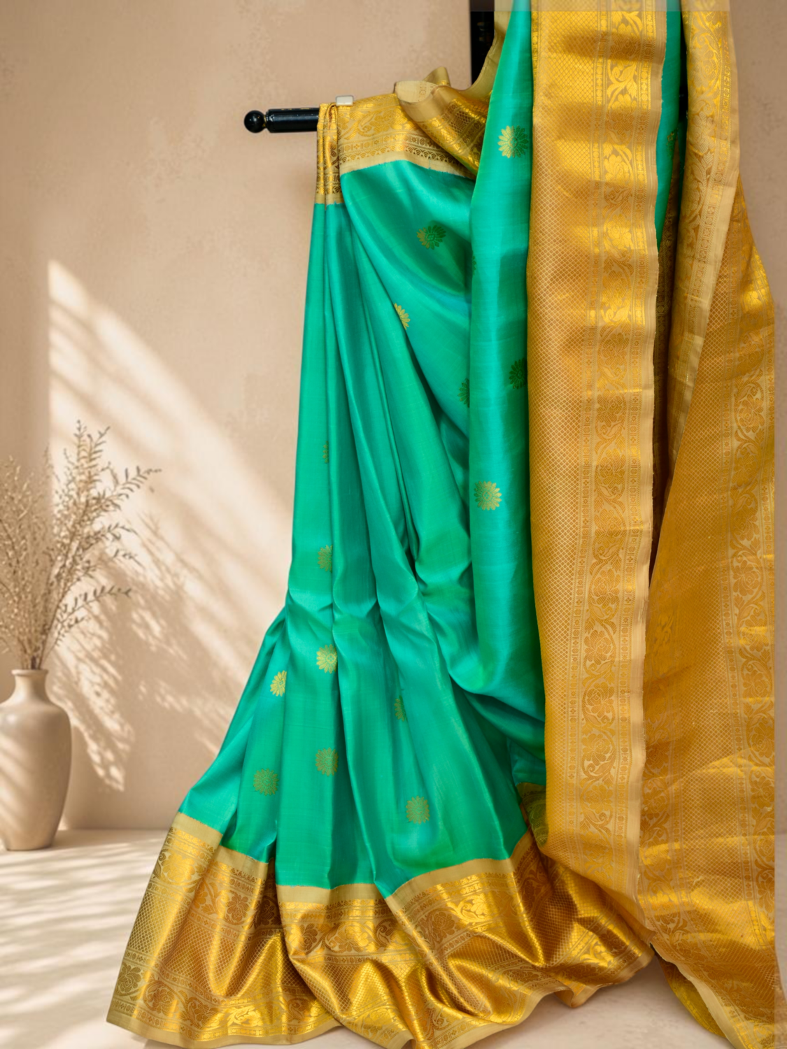 Sea Green Gold Pure Gadwal Pattu Saree