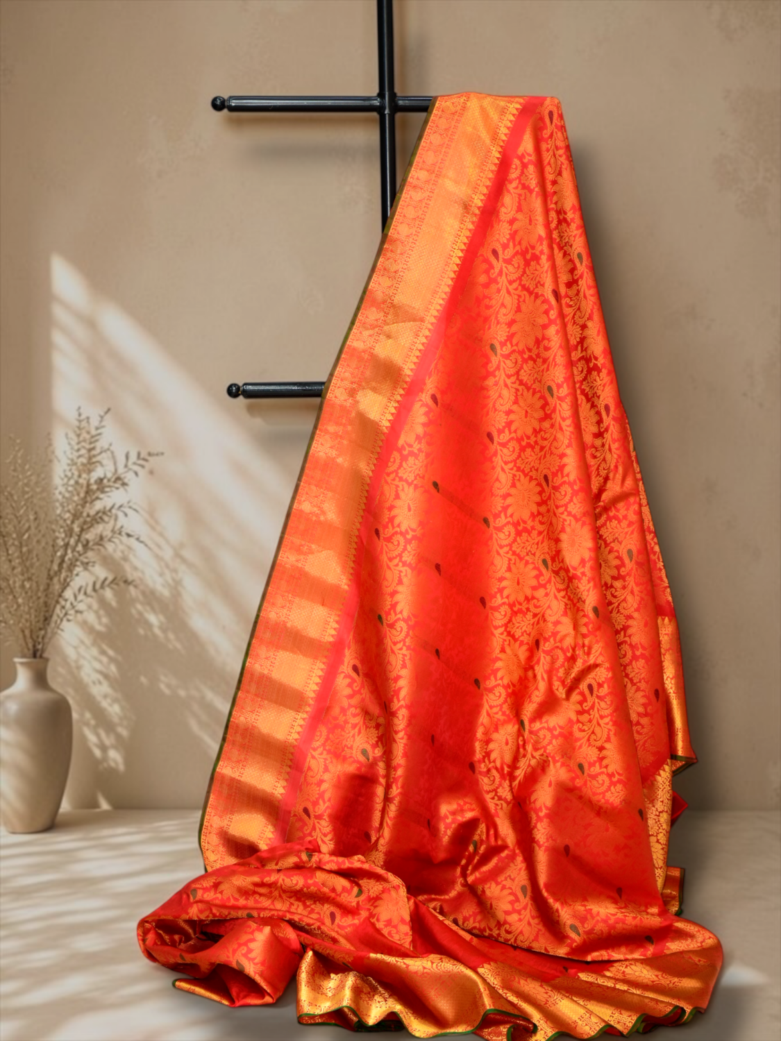 Orange Red Pure Gadwal Silk Brocade Saree
