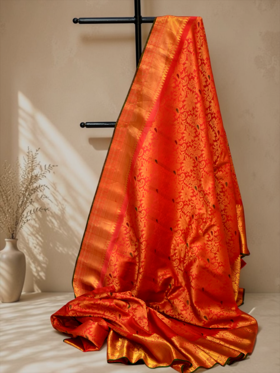 Orange Red Pure Gadwal Silk Brocade Saree