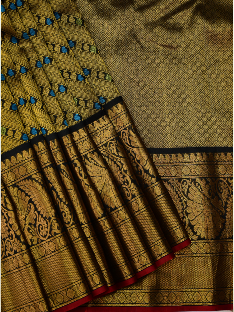 Golden Olive & Black Handloom Brocade Gadwal Saree - view 2