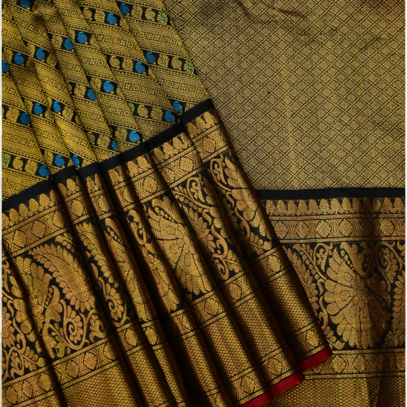 Golden Olive & Black Handloom Brocade Gadwal Saree - view 2