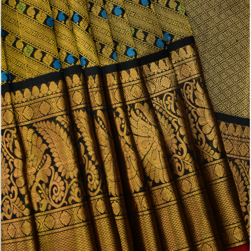 Golden Olive & Black Handloom Brocade Gadwal Saree - view 9