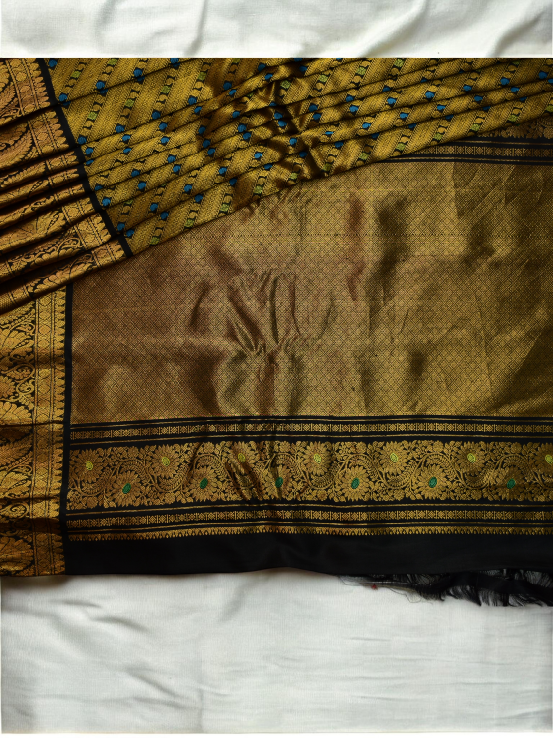 Golden Olive & Black Handloom Brocade Gadwal Saree