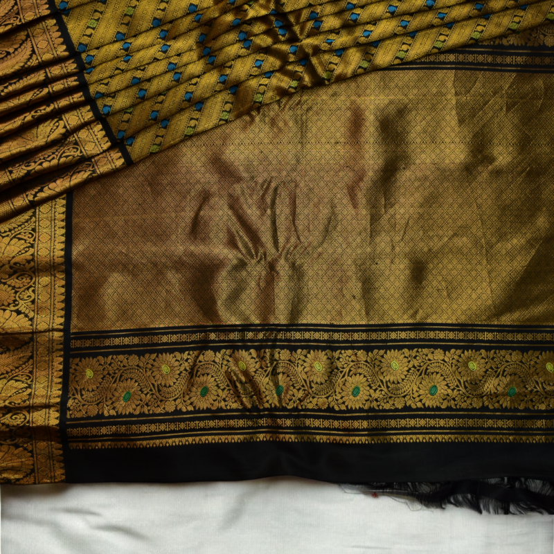 Golden Olive & Black Handloom Brocade Gadwal Saree - view 12
