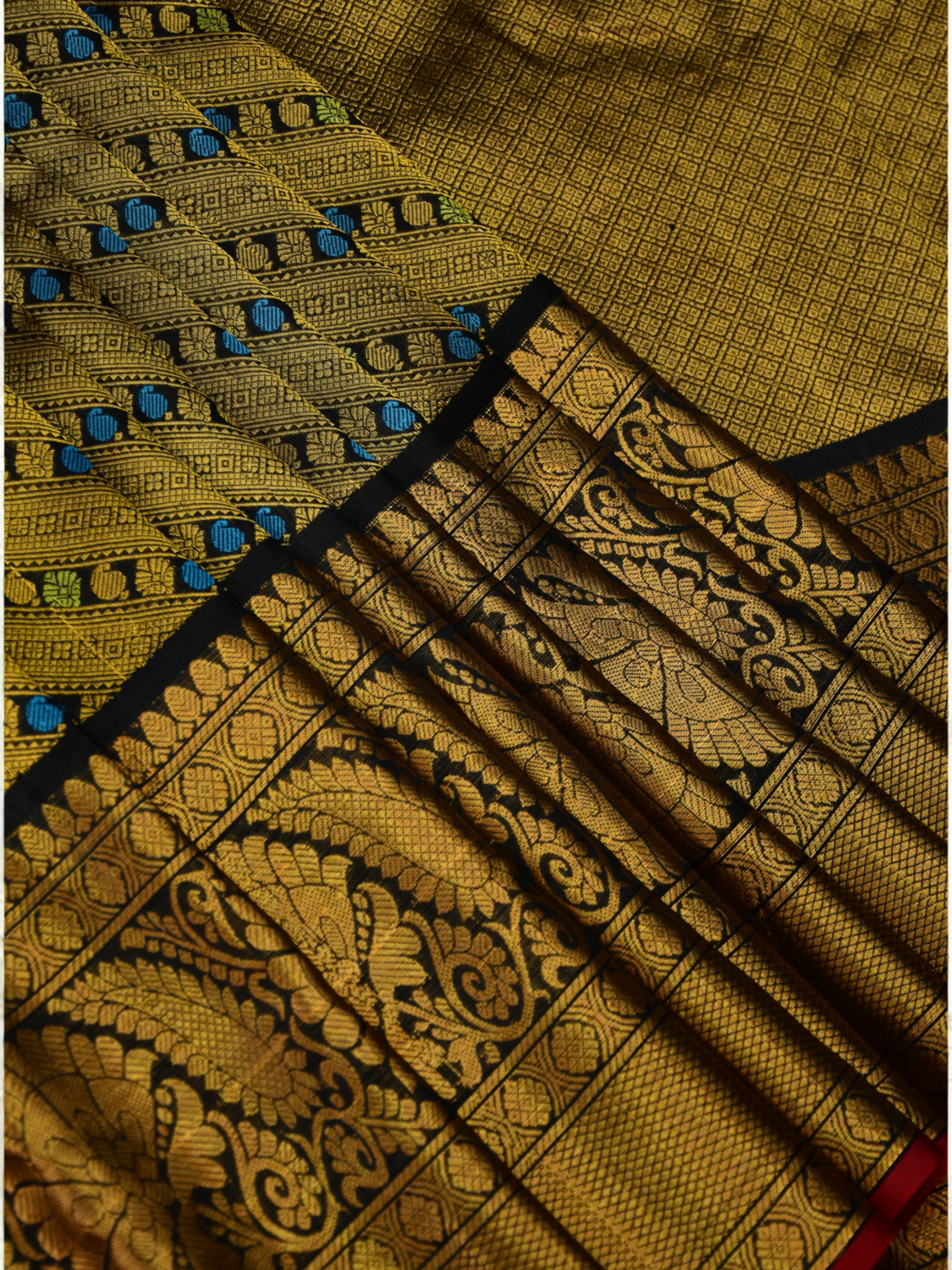 Golden Olive & Black Handloom Brocade Gadwal Saree
