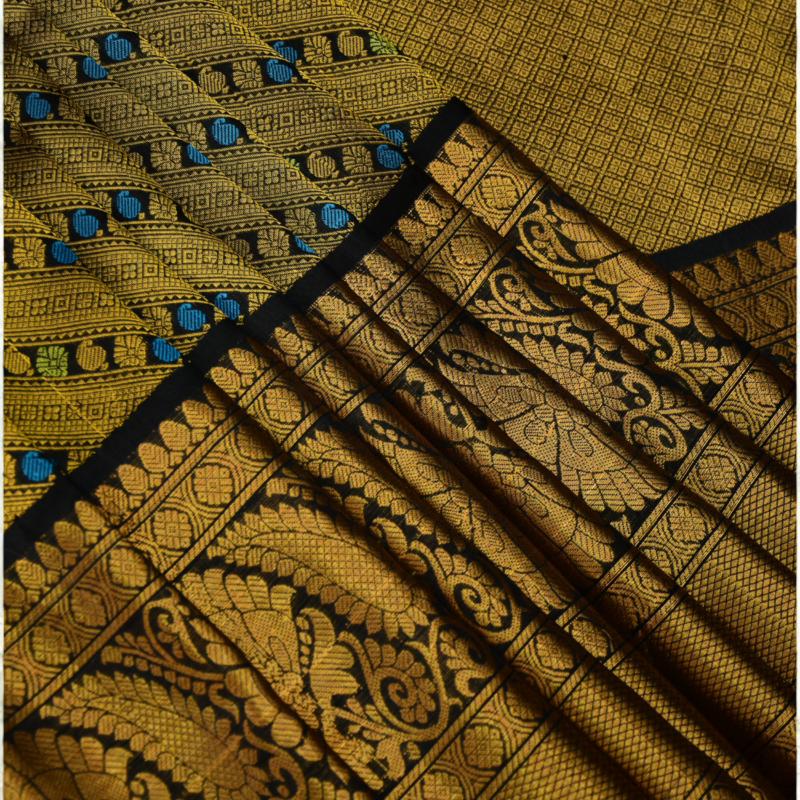 Golden Olive & Black Handloom Brocade Gadwal Saree