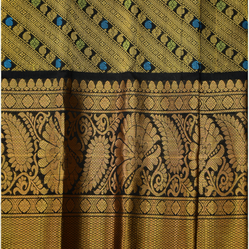 Golden Olive & Black Handloom Brocade Gadwal Saree - view 7