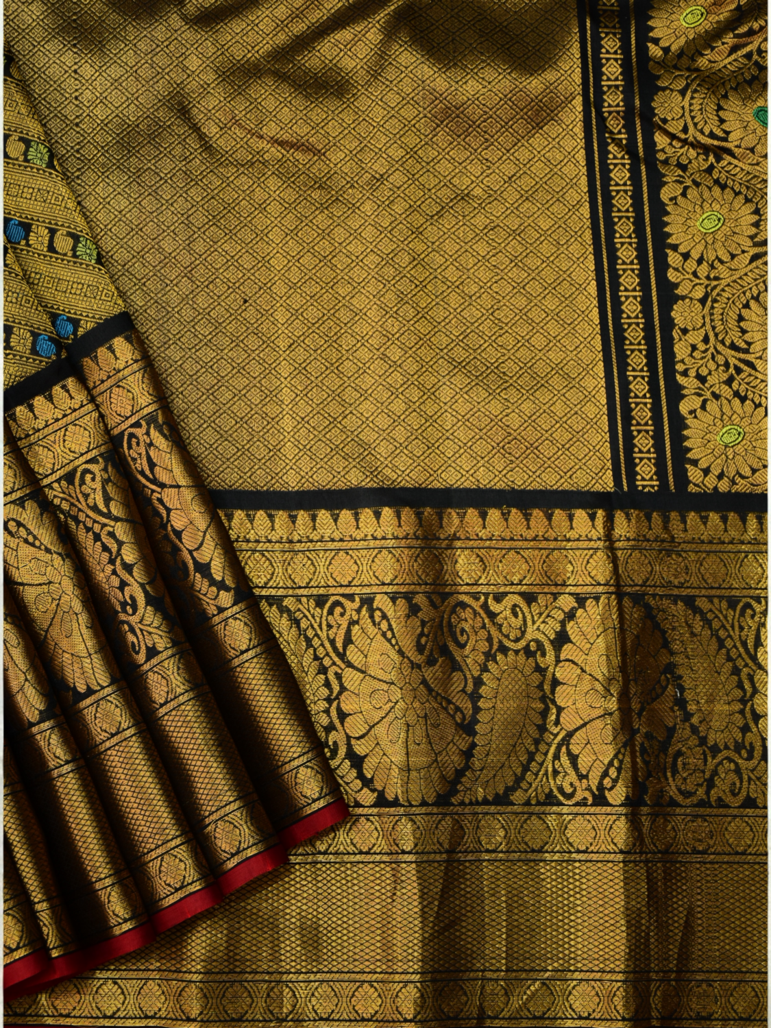 Golden Olive & Black Handloom Brocade Gadwal Saree