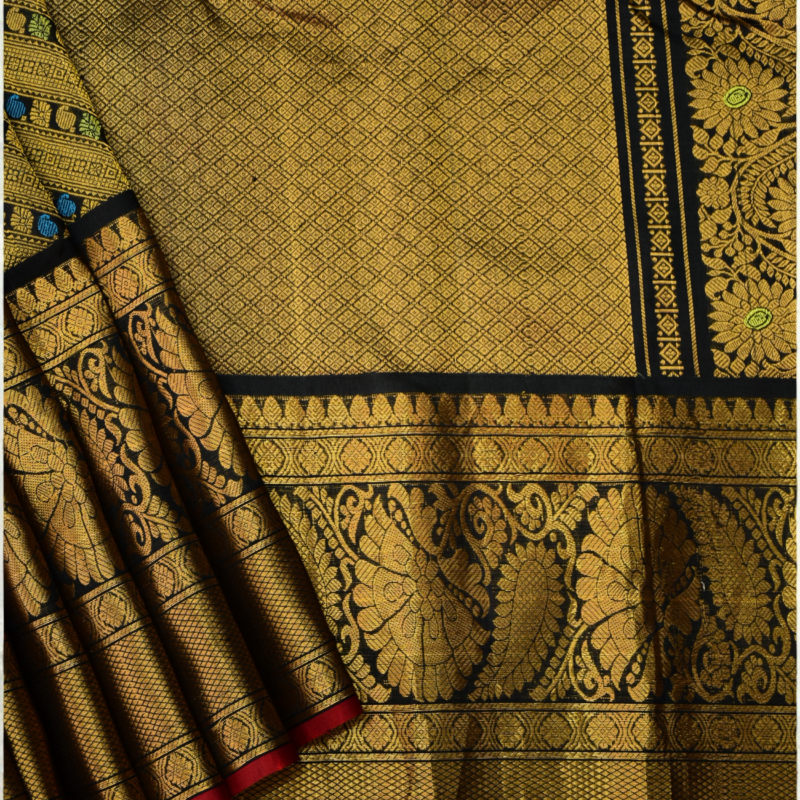 Golden Olive & Black Handloom Brocade Gadwal Saree - view 6