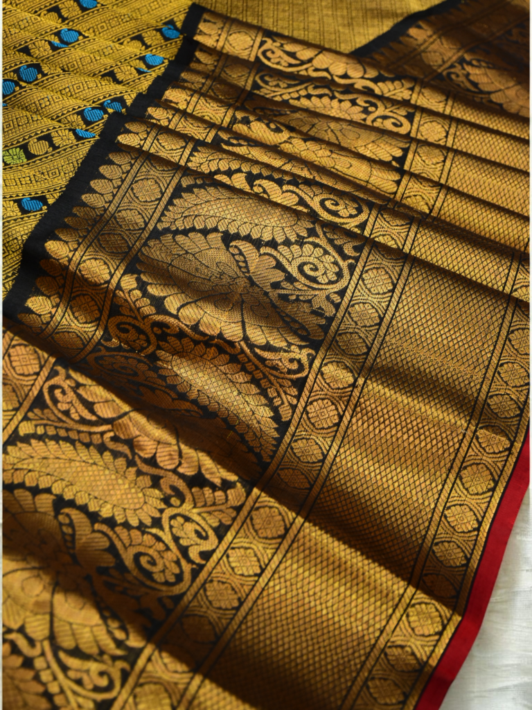 Golden Olive & Black Handloom Brocade Gadwal Saree - view 3