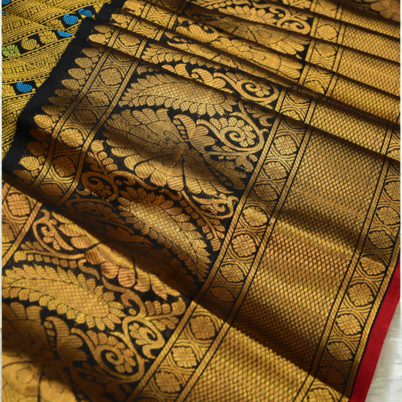 Golden Olive & Black Handloom Brocade Gadwal Saree - view 3