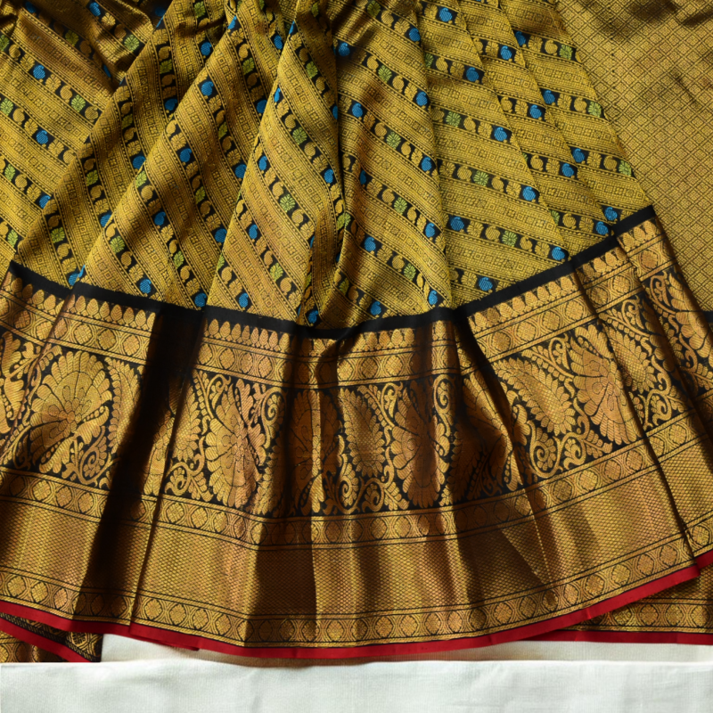 Golden Olive & Black Handloom Brocade Gadwal Saree - view 5