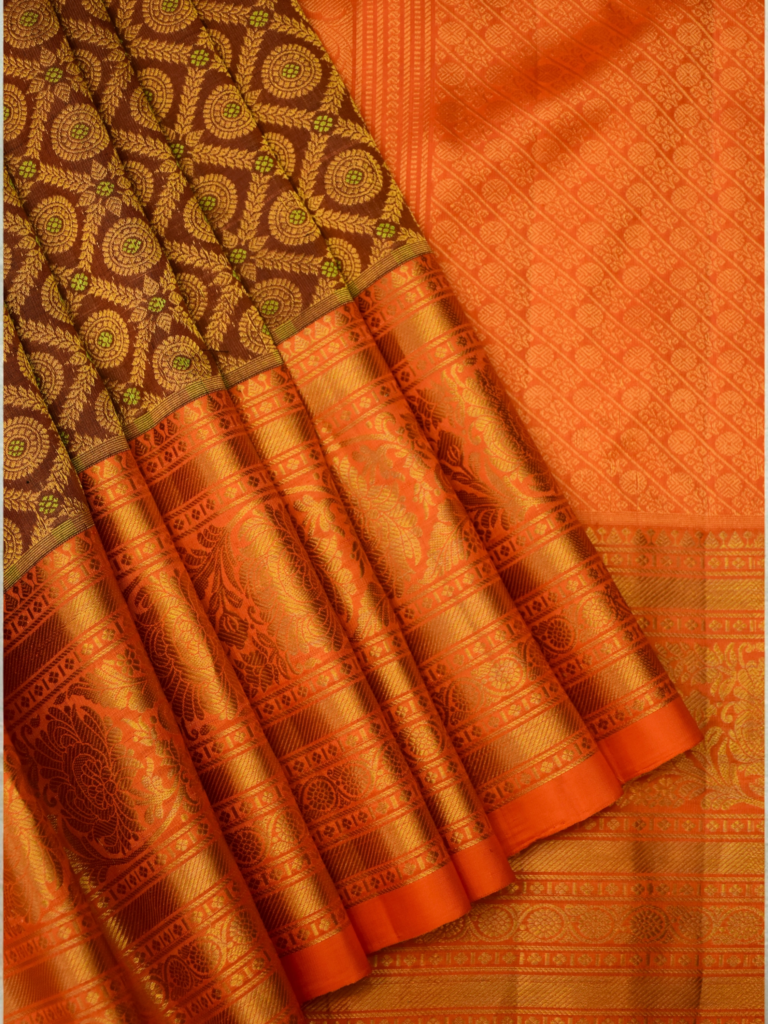 Burnt Orange & Coffee Brown Handloom Brocade Gadwal Bridal Saree