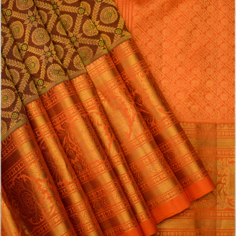 Burnt Orange & Coffee Brown Handloom Brocade Gadwal Bridal Saree