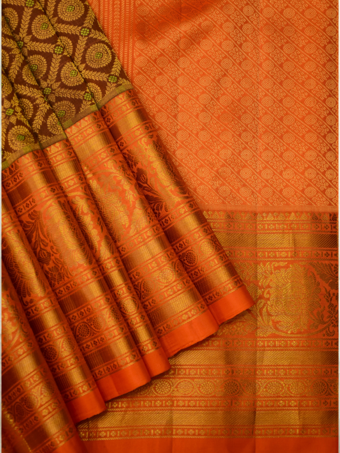 Burnt Orange Coffee Brown Handloom Brocade Bridal Saree