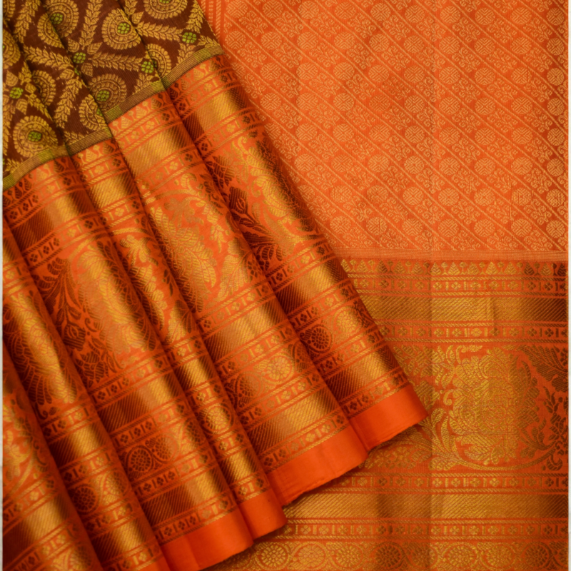 Burnt Orange & Coffee Brown Handloom Brocade Gadwal Bridal Saree - view 4