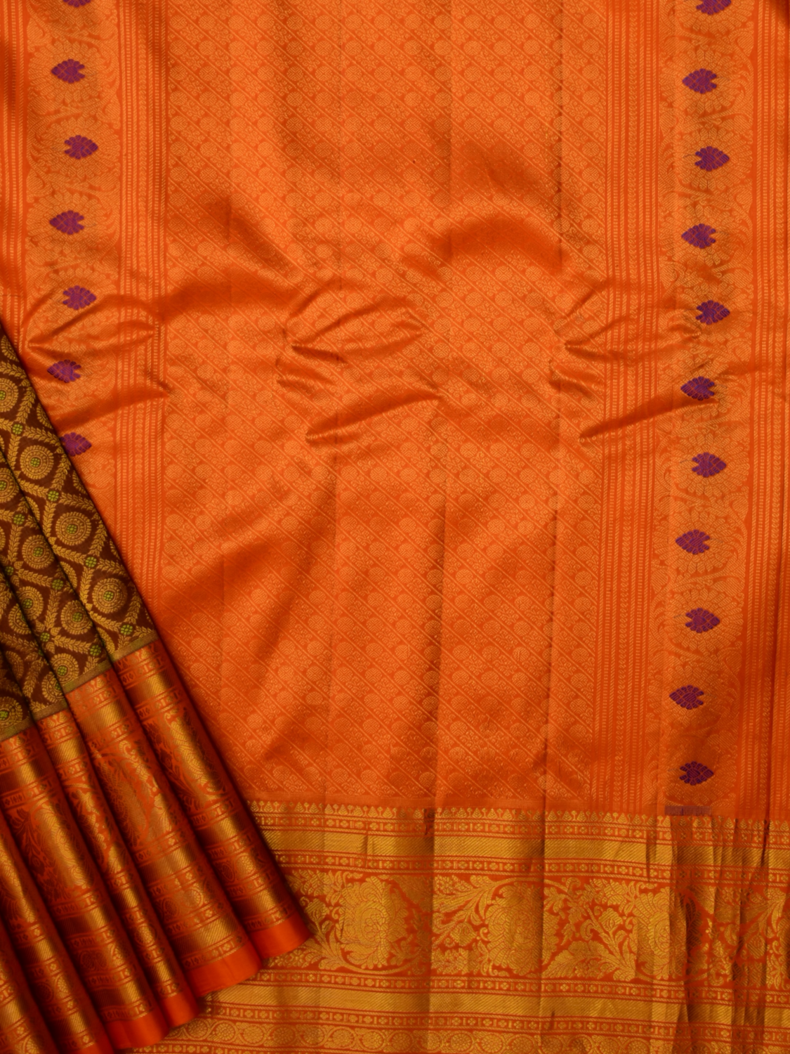 Burnt Orange Coffee Brown Handloom Brocade Bridal Saree