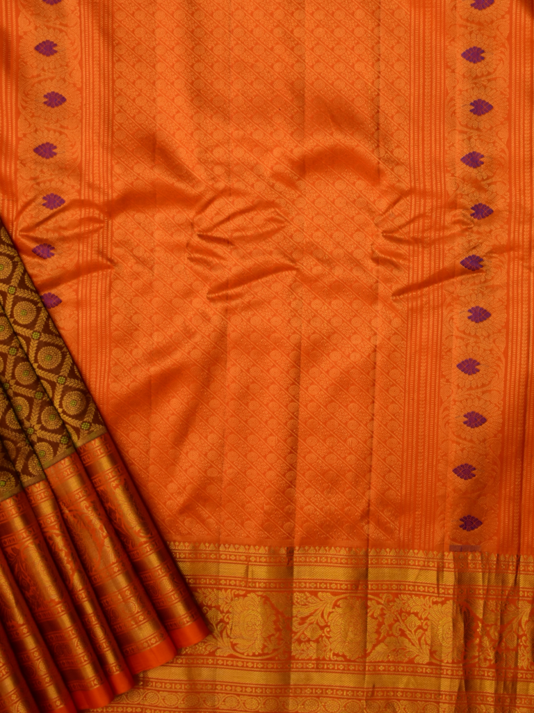 Burnt Orange & Coffee Brown Handloom Brocade Gadwal Bridal Saree - view 2