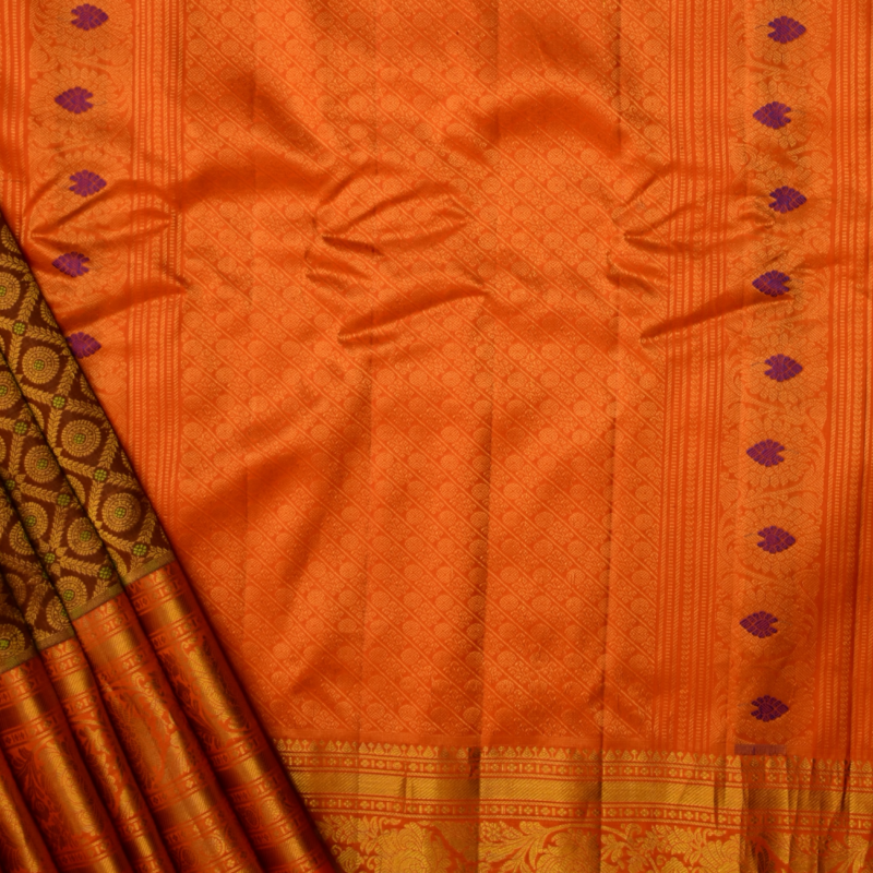 Burnt Orange & Coffee Brown Handloom Brocade Gadwal Bridal Saree - view 2