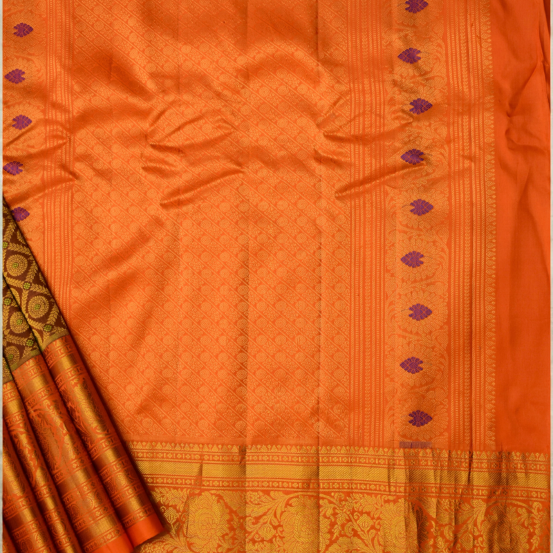 Burnt Orange & Coffee Brown Handloom Brocade Gadwal Bridal Saree - view 6