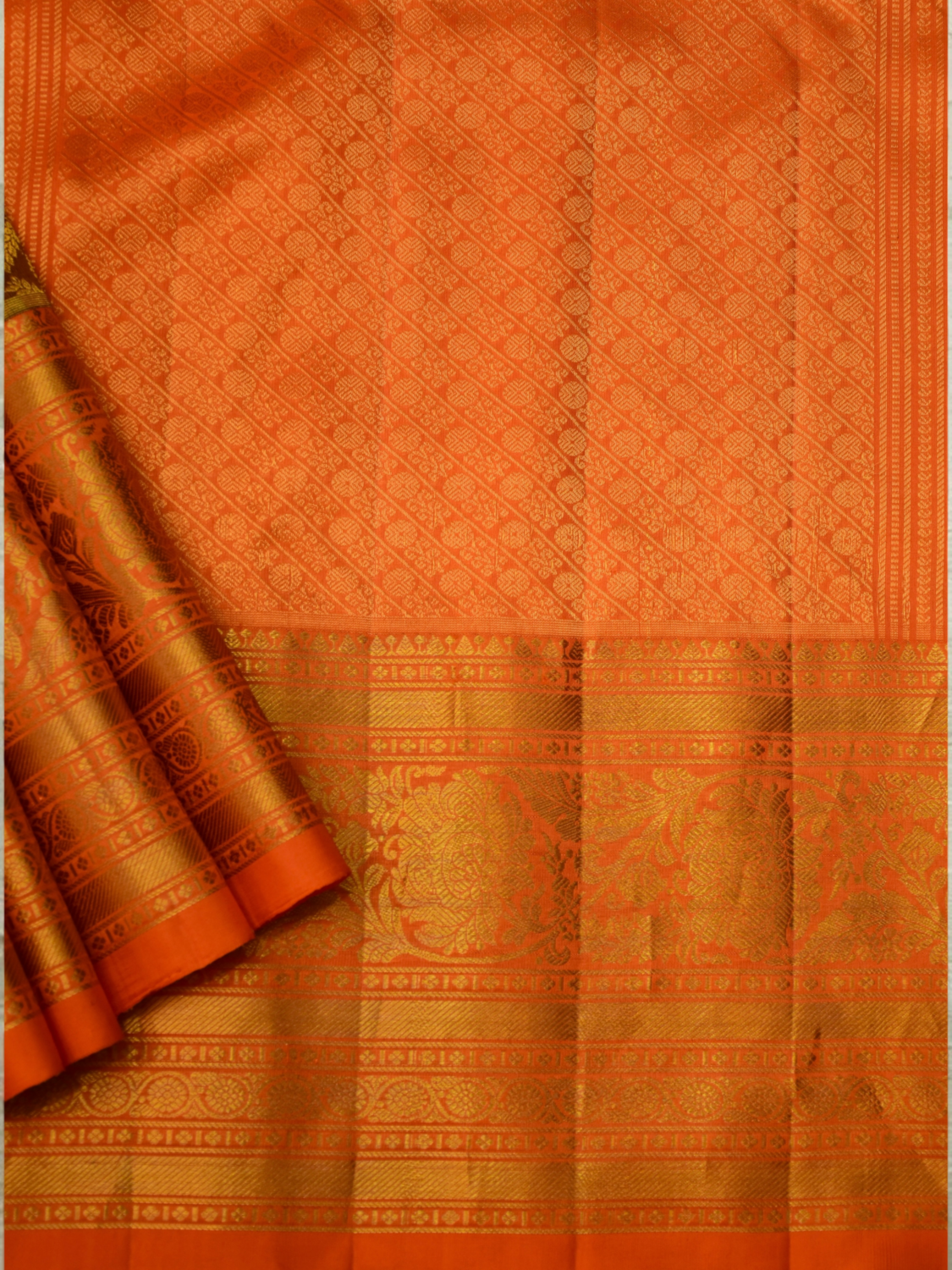 Burnt Orange Coffee Brown Handloom Brocade Bridal Saree