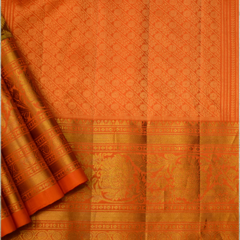 Burnt Orange & Coffee Brown Handloom Brocade Gadwal Bridal Saree - view 5