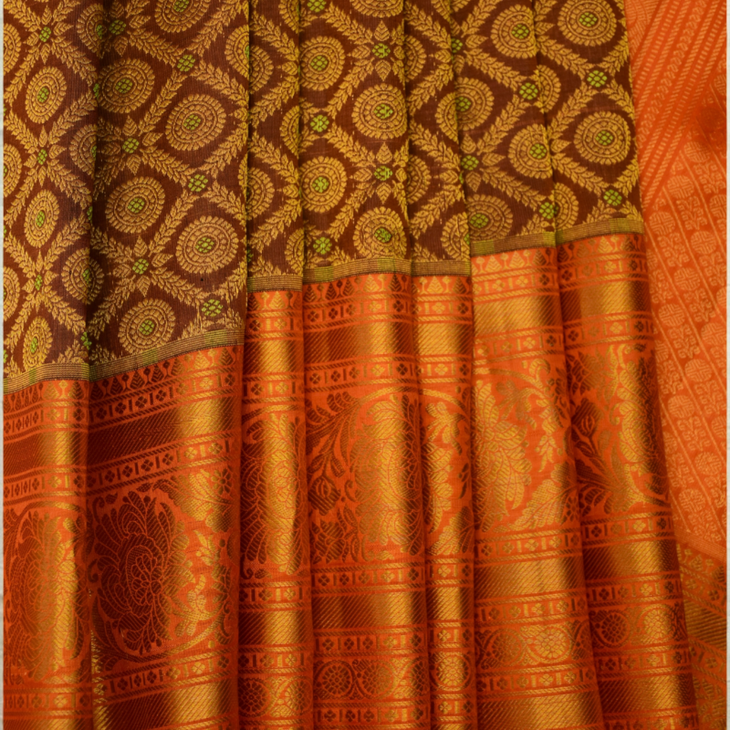 Burnt Orange & Coffee Brown Handloom Brocade Gadwal Bridal Saree - view 3
