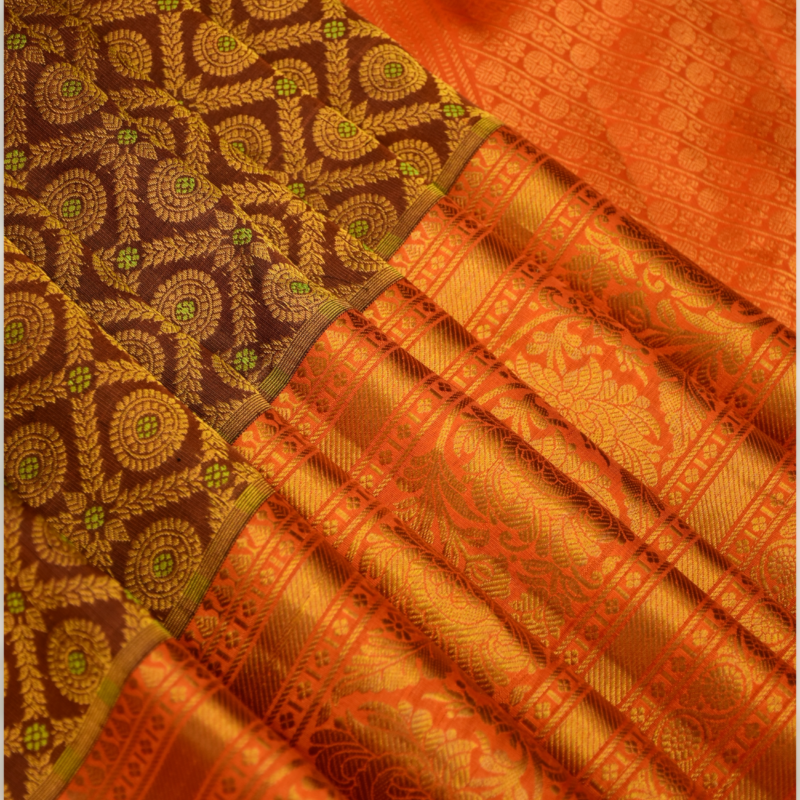 Burnt Orange & Coffee Brown Handloom Brocade Gadwal Bridal Saree - view 7