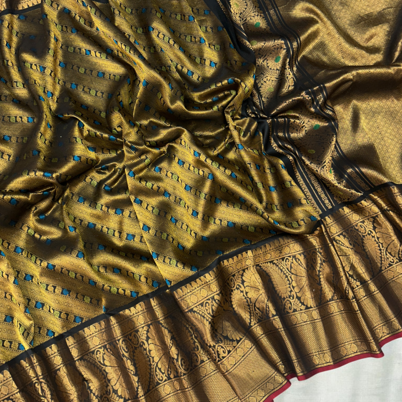 Golden Olive & Black Handloom Brocade Gadwal Saree - view 4
