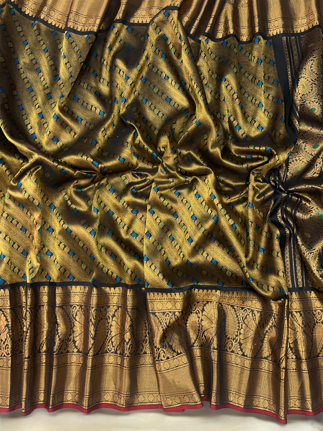 Golden Olive & Black Handloom Brocade Gadwal Saree