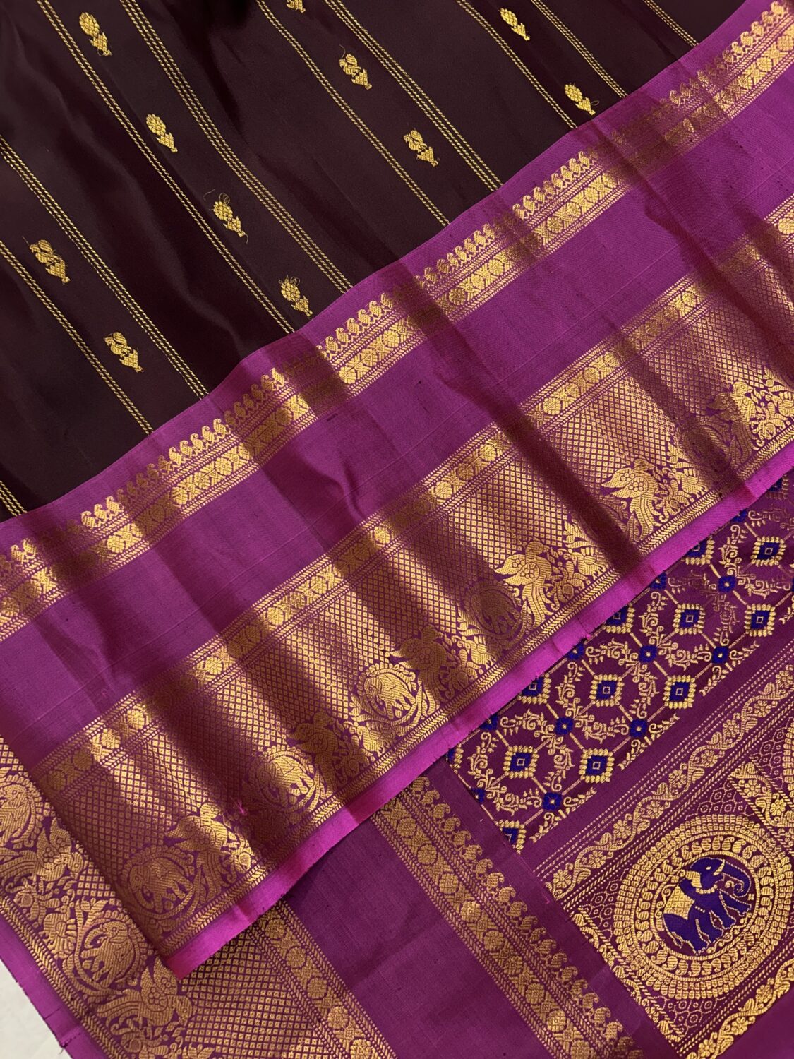 Brown Royal Purple Handloom Pure Silk Gadwal Saree