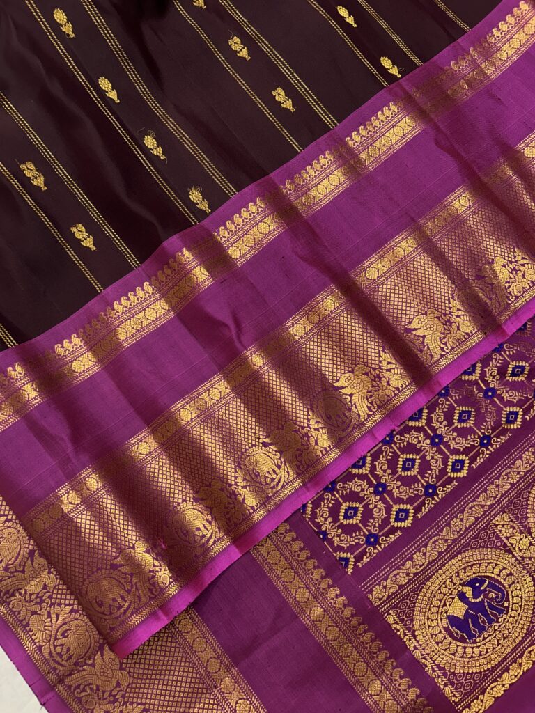 Brown & Royal Purple Handloom Pure Silk Gadwal Saree