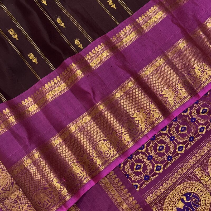 Brown & Royal Purple Handloom Pure Silk Gadwal Saree