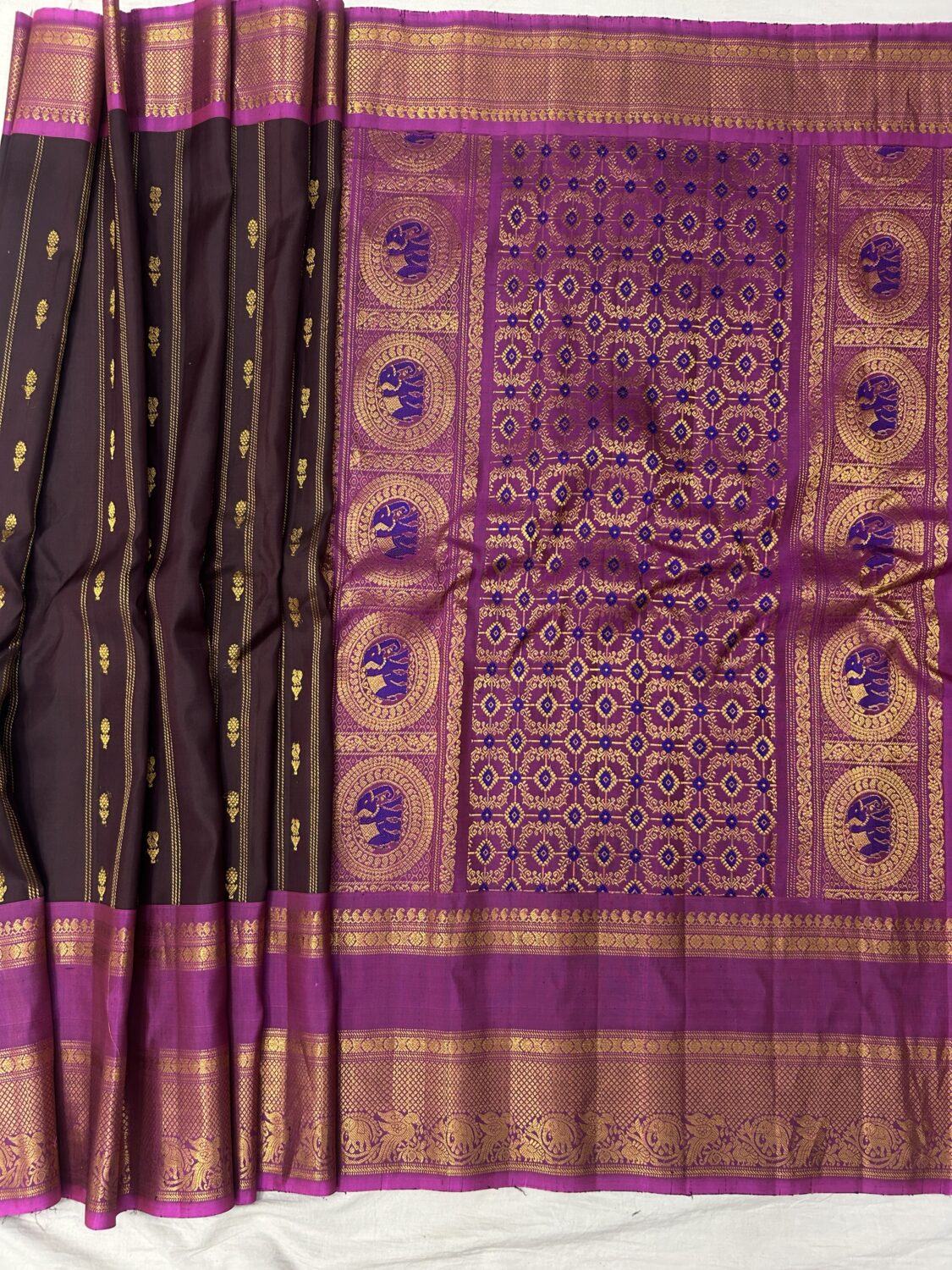 Brown Royal Purple Handloom Pure Silk Gadwal Saree