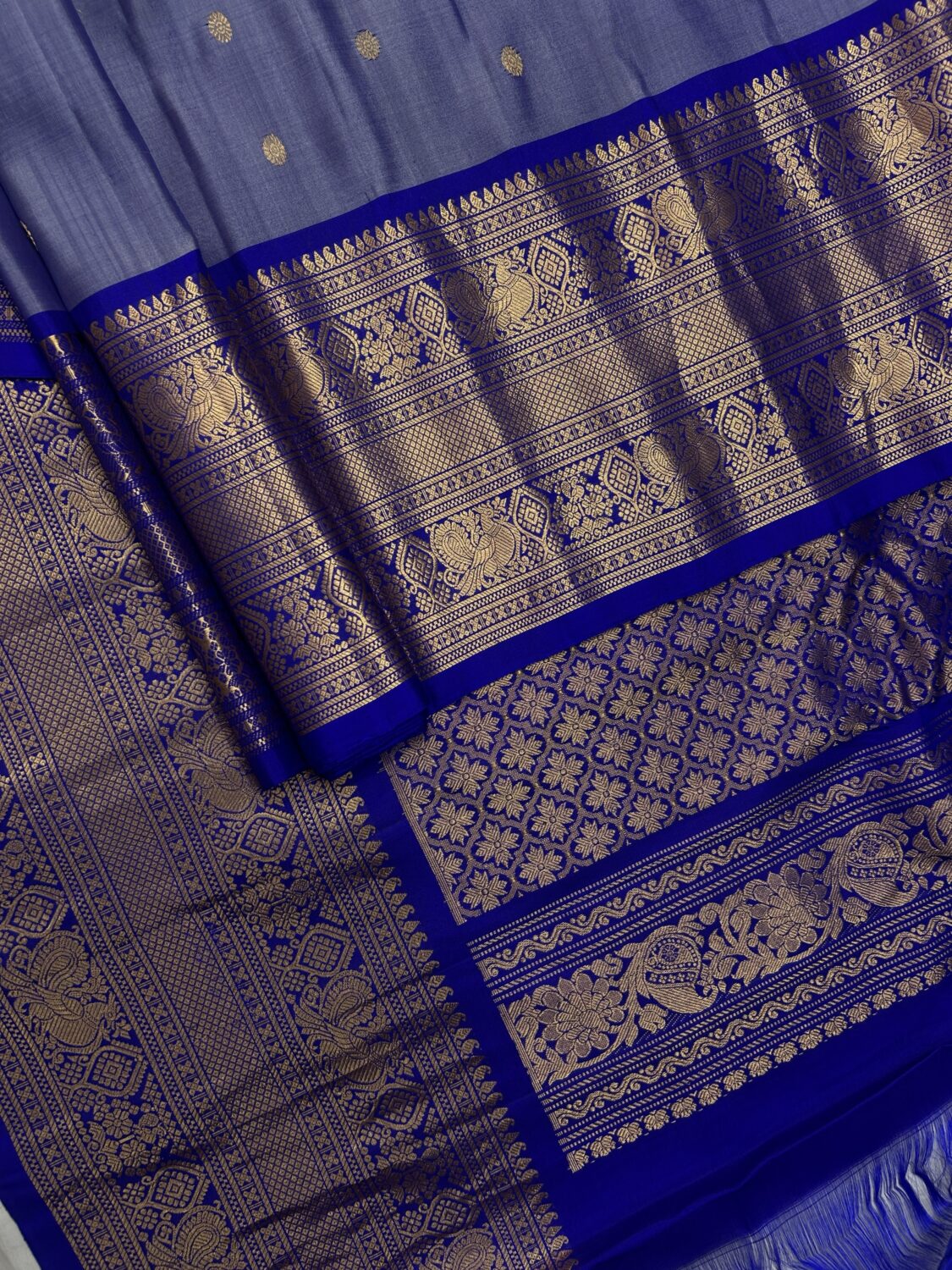 Lavender Pastel & Royal Blue Handloom Pure Silk Gadwal Saree