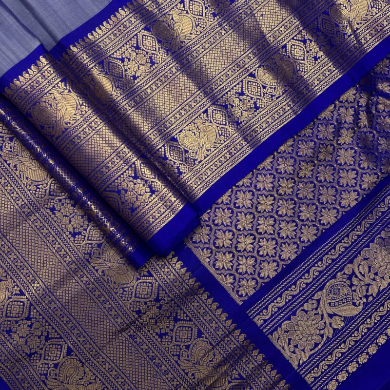 Lavender Pastel & Royal Blue Handloom Pure Silk Gadwal Saree - view 7