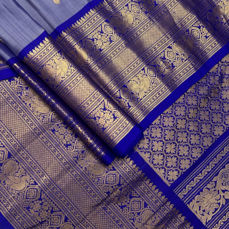 Lavender Pastel & Royal Blue Handloom Pure Silk Gadwal Saree - view 4