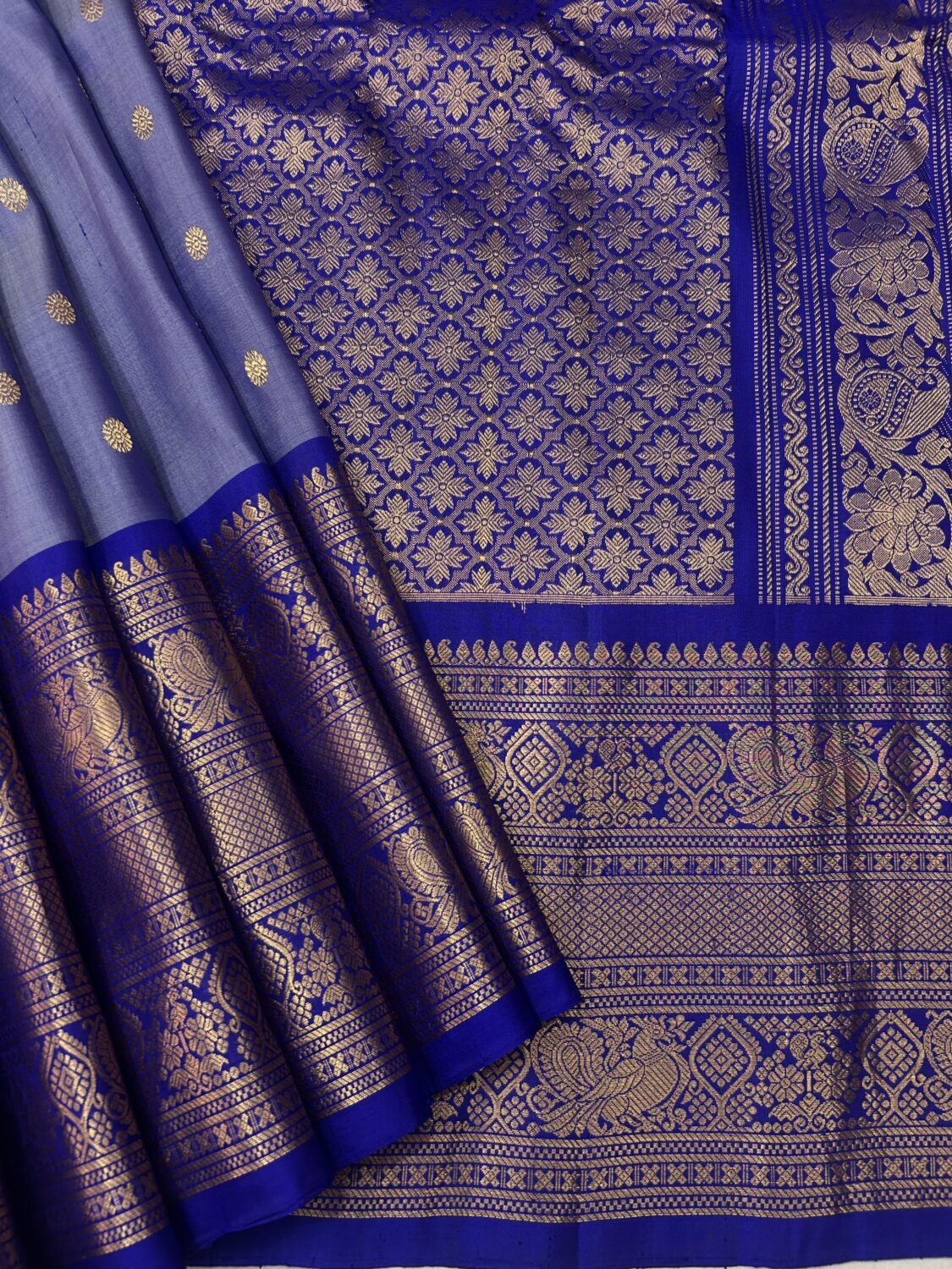 Lavender Pastel & Royal Blue Handloom Pure Silk Gadwal Saree