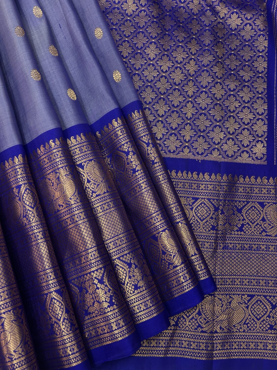 Lavender Pastel & Royal Blue Handloom Pure Silk Gadwal Saree