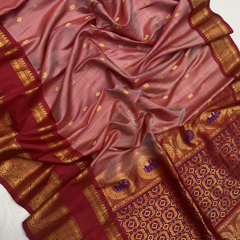 Dusty Rose & Maroon Handloom Pure Silk Gadwal Saree - view 2