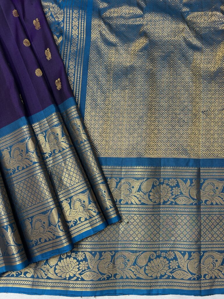 Royal Purple & Peacock Blue Handloom Pure Silk Gadwal