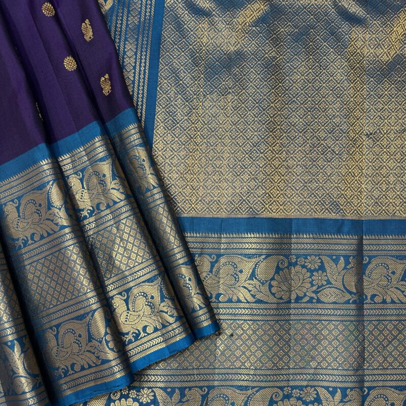 Royal Purple & Peacock Blue Handloom Pure Silk Gadwal