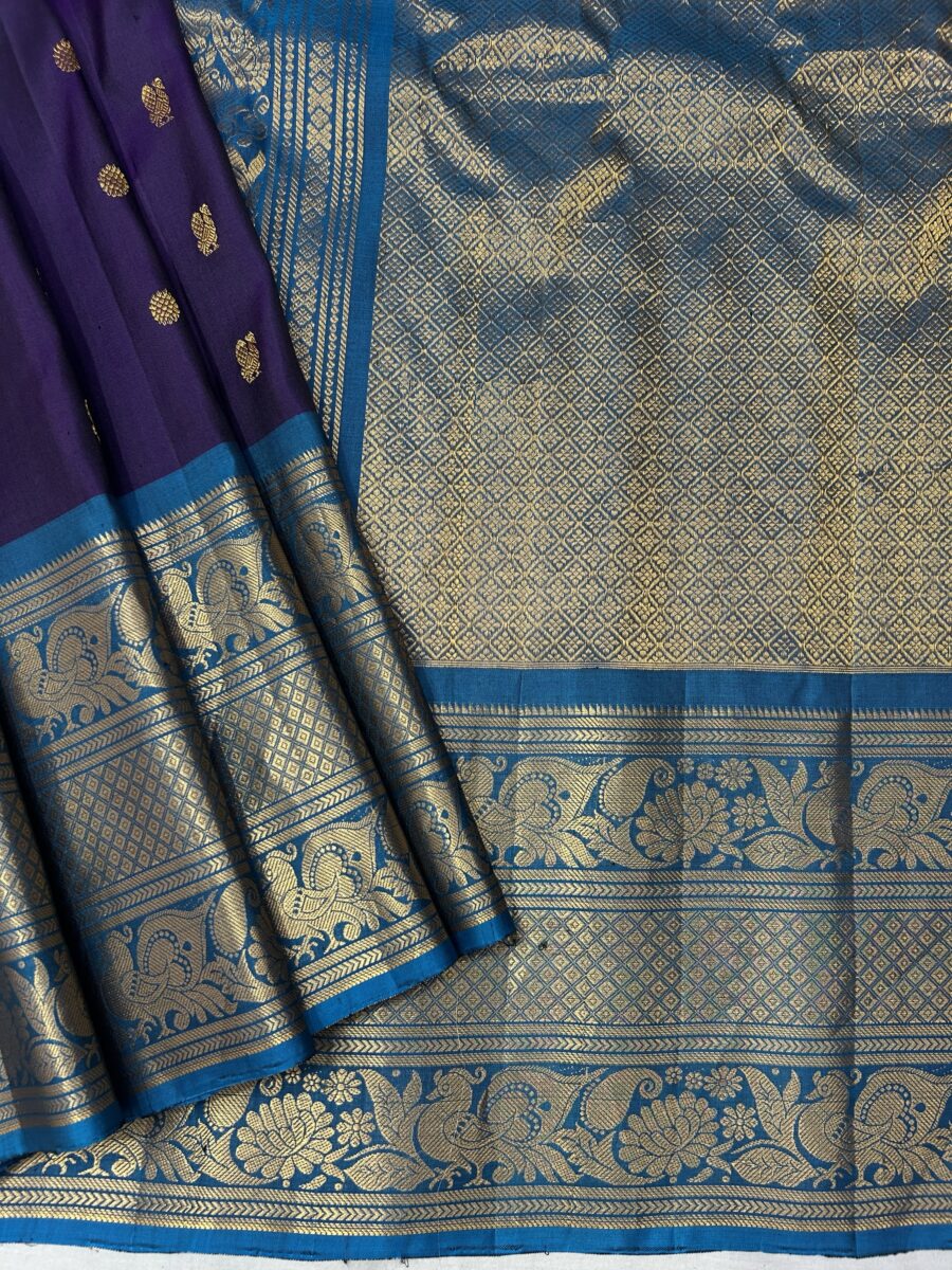 Royal Purple & Peacock Blue Handloom Pure Silk Gadwal