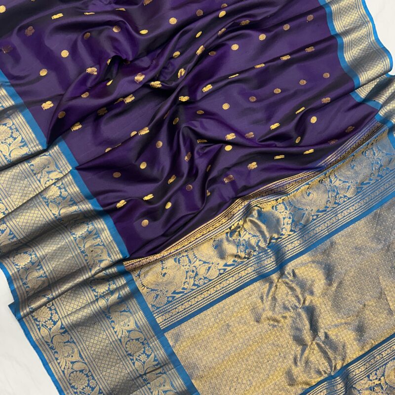 Royal Purple & Peacock Blue Handloom Pure Silk Gadwal - view 3