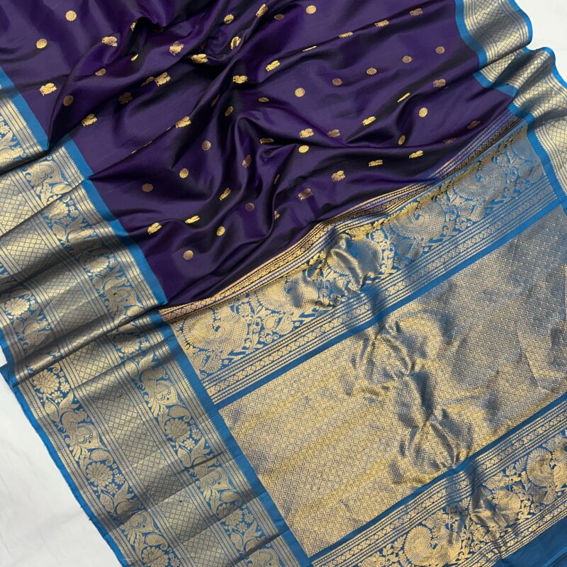 Royal Purple & Peacock Blue Handloom Pure Silk Gadwal - view 4