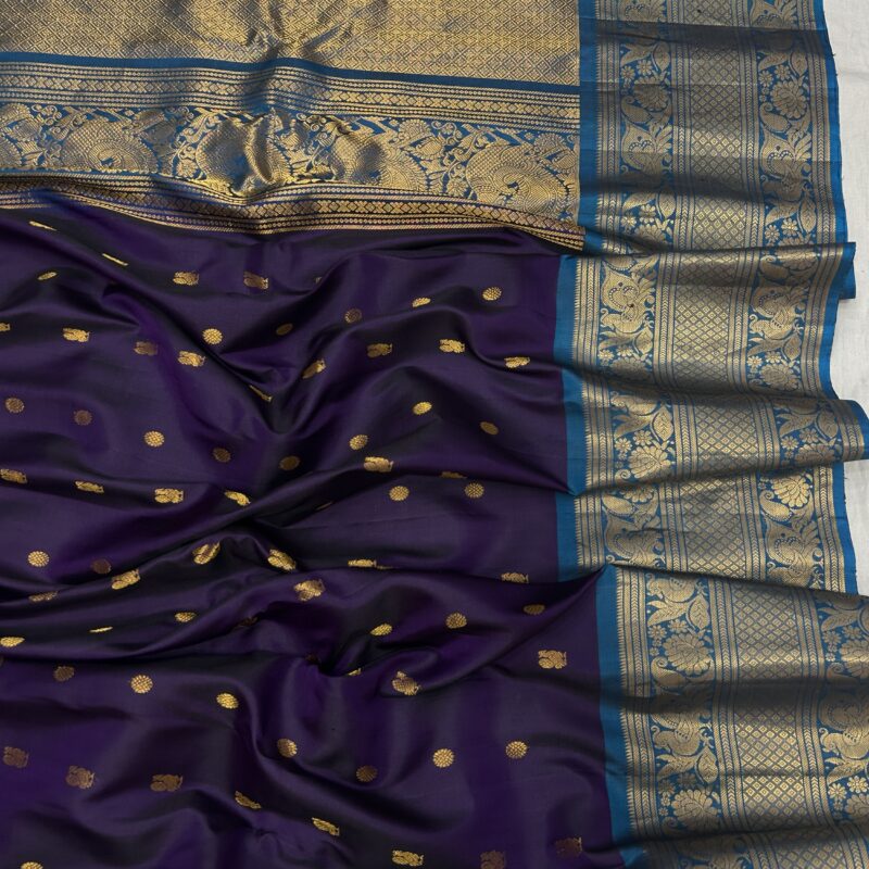 Royal Purple & Peacock Blue Handloom Pure Silk Gadwal - view 5
